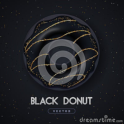 Realistic illustration of isolated black sweet donut with golden sugar sprinkle on black background. Vector Illustration