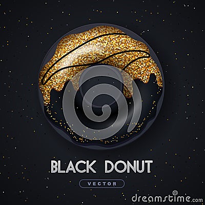 Realistic illustration of isolated black sweet donut with golden sugar sprinkle on black background. Vector Illustration