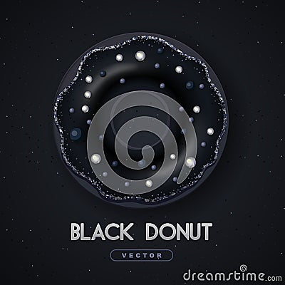 Realistic illustration of isolated black sweet donut with silver sugar sprinkle on black background. Vector Illustration