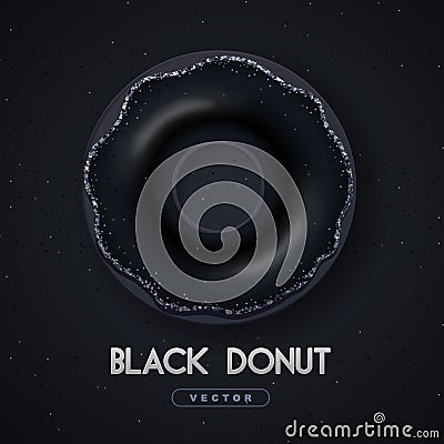 Realistic illustration of isolated black sweet donut with silver sugar sprinkle on black background. Vector Illustration