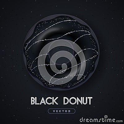 Realistic illustration of isolated black sweet donut with silver sugar sprinkle on black background. Vector Illustration