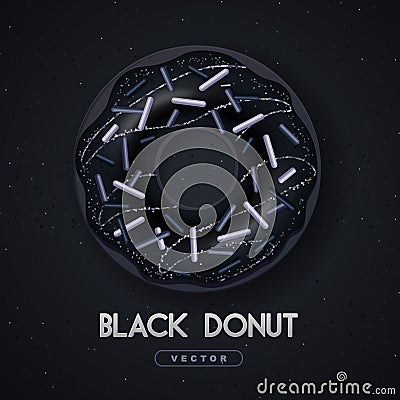 Realistic illustration of isolated black sweet donut with silver sugar sprinkle on black background. Vector Illustration