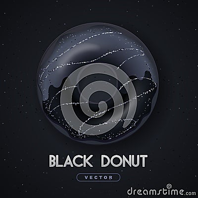 Realistic illustration of isolated black sweet donut with silver sugar sprinkle on black background. Vector Illustration