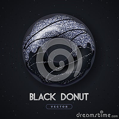 Realistic illustration of isolated black sweet donut with silver sugar sprinkle on black background. Vector Illustration