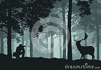 Realistic illustration of landscape with coniferous forest, deer with antlers under green sky. Photographer Photographs Animal in Vector Illustration