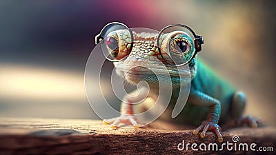 Realistic illustration of a lizard with glasses. Generative AI. Copying space. Cartoon Illustration