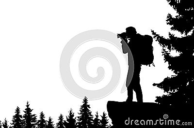 Realistic illustration of a man`s silhouette with camera and backpack. It stands on the bay in the mountains and looks into the Vector Illustration