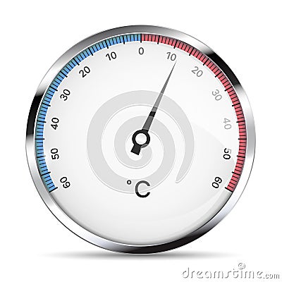 Realistic illustration of a metal round thermometer to measure degrees Celsius of cold and heat. Isolated on white background, Vector Illustration