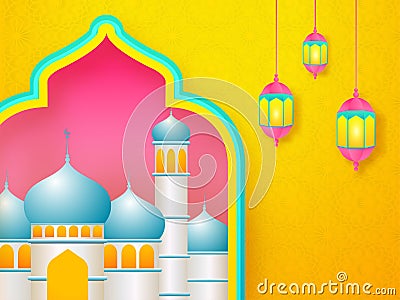 Realistic illustration of Mosque Masjid and hanging lantern on yellow floral background Cartoon Illustration