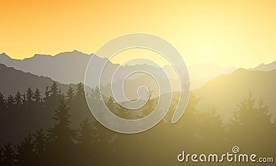 Realistic illustration of a mountain landscape with a forest. Sun shining with sunshine and rays under the morning yellow orange Vector Illustration