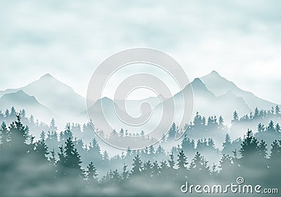 Realistic illustration of mountain landscape silhouettes with forest and coniferous trees. Fog haze or clouds under green-blue sky Vector Illustration