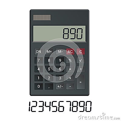 Realistic illustration of a plastic math calculator with buttons and display. Set of digital numbers with space for text, vector Vector Illustration
