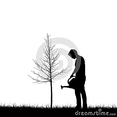 Realistic illustration with silhouette of a gardener man with watering can. Lawn and young tree without leaves, isolated on white Vector Illustration