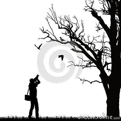 Realistic illustration of a silhouette of a man photographing three birds on a tree, vector Vector Illustration