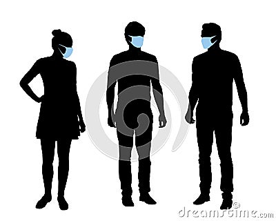 Realistic illustration of silhouettes of people, men and women characters with protective masks against covid infection on the Vector Illustration