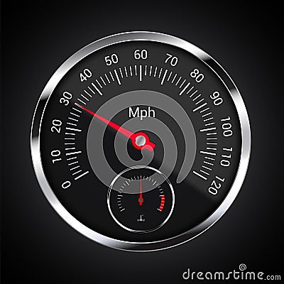 Realistic illustration of speedometer on dark car dashboard with mileage indicator per hour and engine temperature, vector Vector Illustration