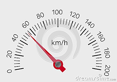 Realistic illustration of speedometer with red hand and black numbers with kilometers per hour. Isolated on white background, Vector Illustration