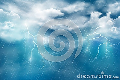 Realistic illustration of summer rain with thunderclouds and lightning in the afternoon against the blue sky. Vector abstract back Vector Illustration