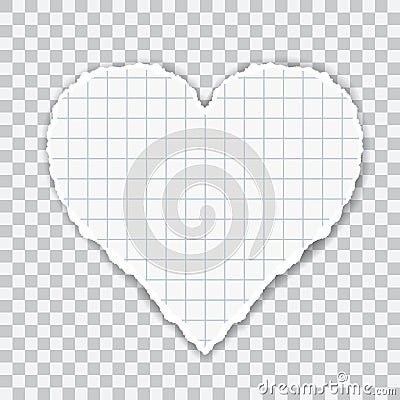 Realistic illustration of torn squared paper in heart shape. Isolated on transparent background, vector Vector Illustration