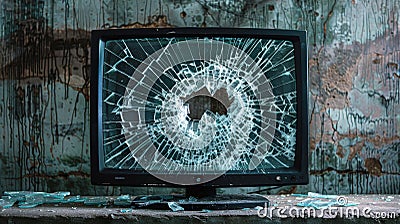 Realistic image of a cracked monitor displaying a damage pattern with glitch background effect Stock Photo