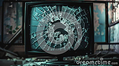 Realistic image of a cracked monitor displaying a damage pattern with glitch background effects Stock Photo