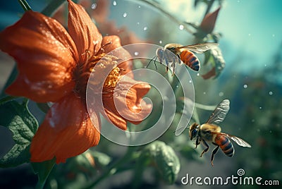 Realistic image of flying bees on flower plant. Generate ai Stock Photo