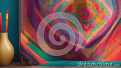A realistic image of a handwoven tapestry showcasing vibrant colors and intricate patterns. Stock Photo