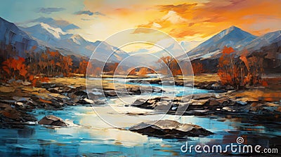 Realistic Impressionism: Serene River And Mountain Sunset Painting Stock Photo