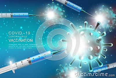 Realistic injection vaccine syringes for Coronavirus COVID-19 global epidemic flu disease background image 3D virus Vector Illustration