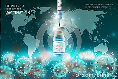 Realistic injection vaccine syringes for Coronavirus COVID-19 global epidemic flu disease world map background image 3D virus Vector Illustration