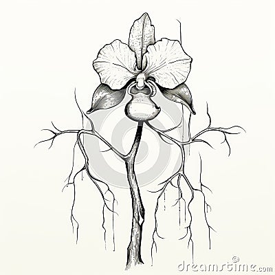 Realistic Ink Illustration Of Orchid On Branch With Symmetrical Asymmetry Cartoon Illustration