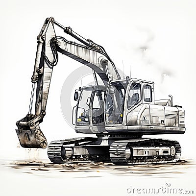 Realistic Ink Wash Painting Of An Excavator Cartoon Illustration