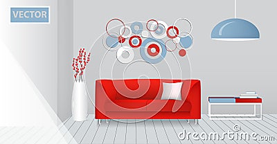 Realistic interior of a modern living room. Red original design Vector Illustration