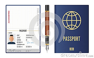 Realistic international passport and fountain pen Vector Illustration