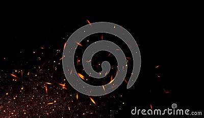 Realistic isolated fire effect for decoration and covering on black background. Concept of particles , sparkles, flame and light Stock Photo