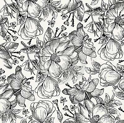 Realistic isolated flowers pattern. Vintage baroque background. Rose dogrose, rosehip, brier. Wallpaper. Drawing engraving. Vector Illustration