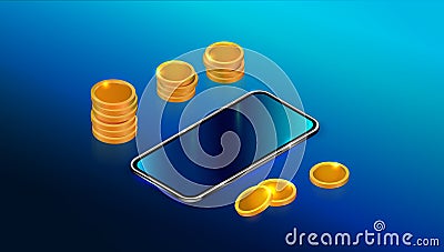 Realistic isometric black smartphone with blank touch screen and gold coins stack isolated on blue background. Stock Photo