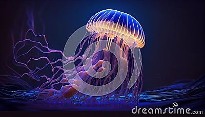 Realistic jellyfish blue lightening, poisonous jellyfish in dark deep water with glowing plankton, deep ocean creature Cartoon Illustration