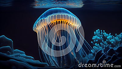 Realistic jellyfish blue lightening, poisonous jellyfish in dark deep water with glowing plankton, deep ocean creature Cartoon Illustration