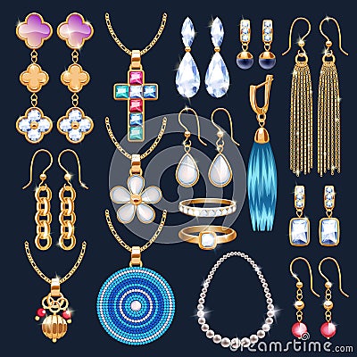 Realistic jewelry accessories icons set. Vector Illustration