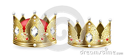 Realistic king and queen crowns. 3D golden royal monarch headdress collection, heraldic and coronation symbol. Vector Vector Illustration