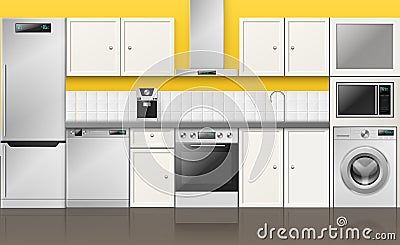 Realistic kitchen interior. 3d built in metallic appliances, cabinet furniture and cupboards, yellow gray color scheme Vector Illustration