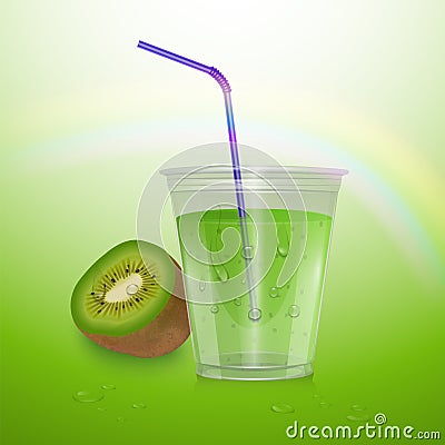 Realistic Kiwi juice in a plastic Cup. Vector illustration with kiwi and Cup of juice Vector Illustration