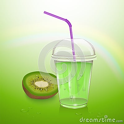 Realistic Kiwi juice in a plastic Cup. Vector illustration with kiwi and Cup of juice Vector Illustration