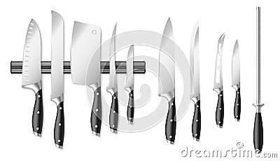 Realistic knives collection. Isolated sharp knife and set of knives on magnetic holder Vector Illustration