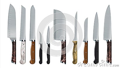 Realistic knives. 3D food carving tools. Stainless steel sharp blades. Kitchen cutters. Metal cookware. Daggers for Vector Illustration