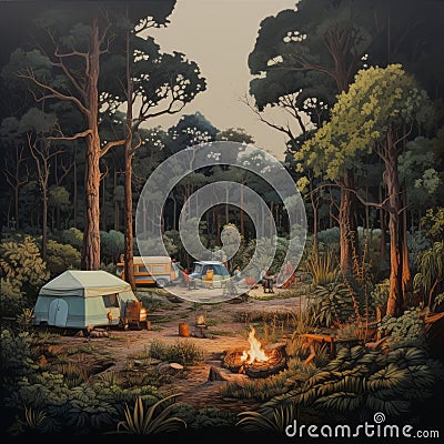 Realistic Campers In Enigmatic Tropics: Hyper-detailed Painting Stock Photo