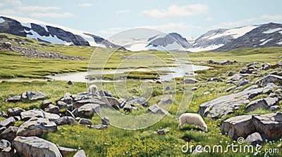 Realistic Landscape Painting: Sheep Grazing Near Waterfall Cartoon Illustration