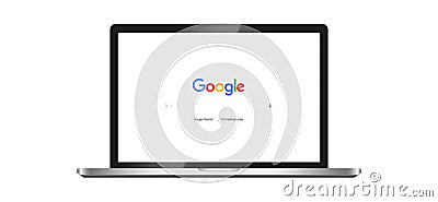 Realistic laptop mockup with Google search engine on the screen. Google search on laptop monitor on isolated background. Vector Vector Illustration