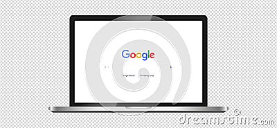 Realistic laptop mockup with Google search engine on the screen. Google search on a laptop monitor on a transparent background. Vector Illustration